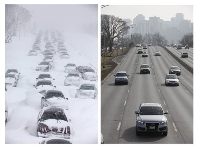 In this photo combination, hundreds of cars are stranded on Lake Shore Drive on Feb. 2, 2011, in Chicago, left, while traffic moves along smoothly on the same stretch of Lake Shore Drive on Wednesday, Feb. 1, 2012, right.  A winter blizzard of historic proportions wobbled an otherwise snow-tough Chicago on Feb. 1, 2011, stranding hundreds of drivers for up to 12 hours overnight on the city's showcase thoroughfare and giving many city schoolchildren their first ever snow day. (AP Photo/Kiichiro Sato, File)